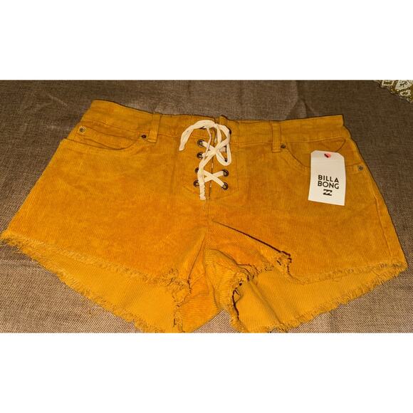 Billabong Corduroy Cutoff Shorts Sz 28 Lite Hearted Lace Up Pockets Stretch Gold - Picture 9 of 10